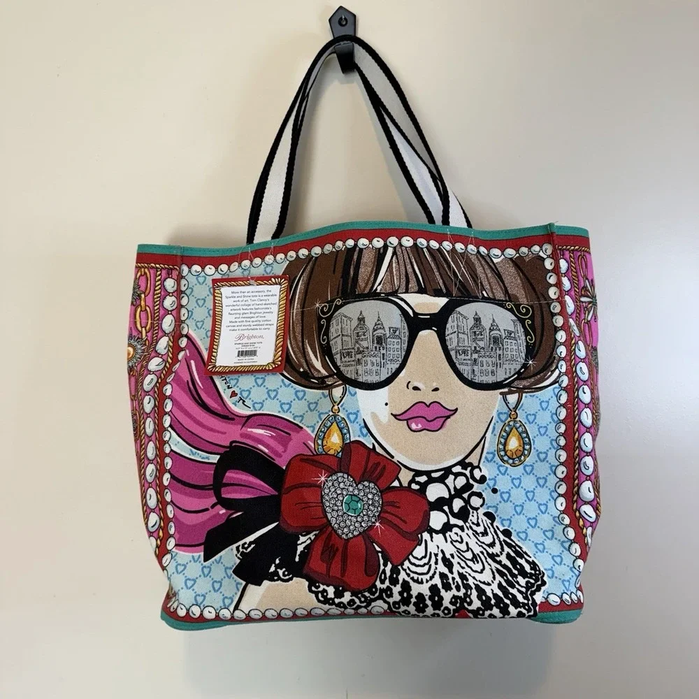 NWT Brighton Large Canvas Tote Bag CityScape Peace Love & Jewels 16x14 Dopamine